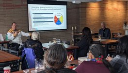 A photo of Damon Badger Heit, SaskCulture Supervisor, Partnerships and Inclusion, presenting at an event.