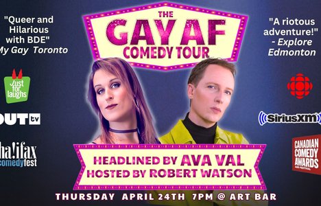 Gay AF Comedy Tour logo with comedians Ava Val and Robert Watson in the foreground