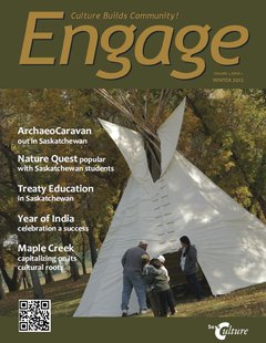 Cover of Engage Magazine Winter 2012 - A group of people stand in front of an open tipi.