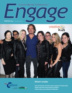 Cover of Engage Magazine Winter 2014 - A group of people stand with actor Kim Coates.