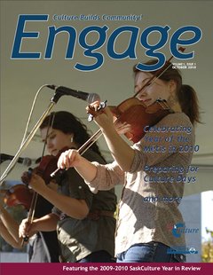 Cover of Engage Magazine Fall 2010 - Three people play violins on a stage near a microphone.