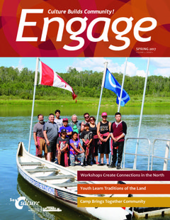 Cover of Engage Magazine Spring 2017 - A group of people stand on a dock near a canoe.