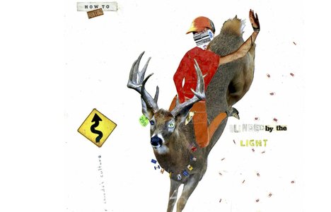 A poster for an art exhibition with a collaged image of a person wearing an orange hat and outfit, with their face hidden behind a bar code sticker. The person is riding a bucking male deer. There is a winding road traffic sign before them.