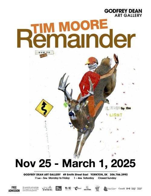 A poster for an art exhibition with a collaged image of a person wearing an orange hat and outfit, with their face hidden behind a bar code sticker. The person is riding a bucking male deer. There is a winding road traffic sign before them.