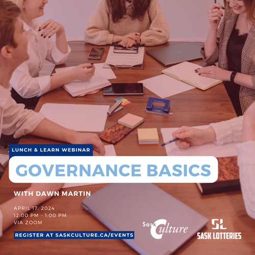 A promo poster for the Webinar: Governance Basics with Dawn Martin. It shows a photo of people sitting around a board room table with papers and notes.