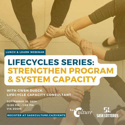 A promo poster for this Lunch & Learn Webinar with a background of a photo of people locking hands in a chain formation, showing strength through collaboration.