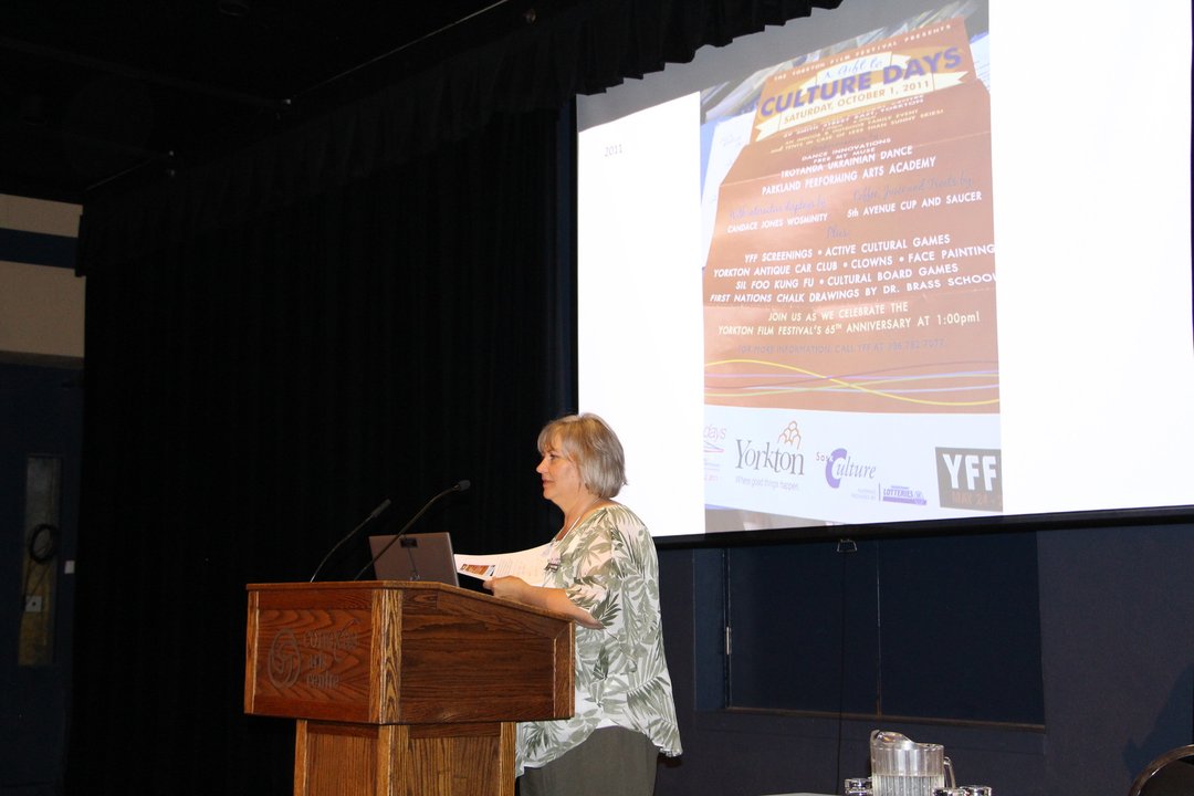 A photo of Lisa Washington from Culture Days Yorkton speaking at the AGM.