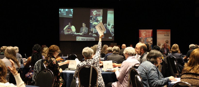 Participants voting during the 2024 SaskCulture Annual General Meeting.
