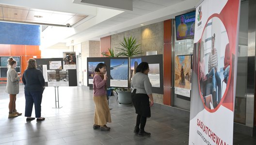 People at an exhibition looking at photographs