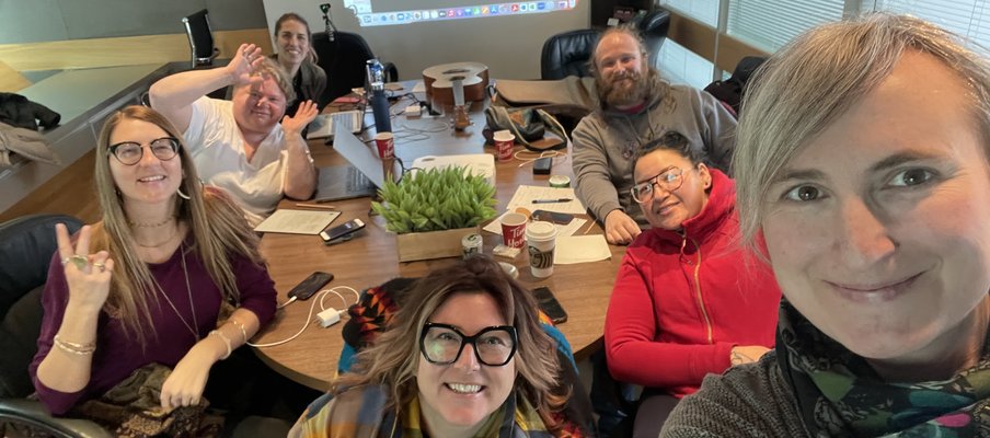 A photo of the CAMP Sask Arts Board having a video call with a consultant as part of the Nonprofit Lifecycles Capacity Building Program.