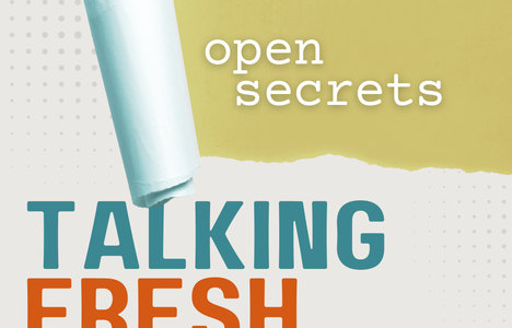 A peeling white paper to reveal "open secrets" on a yellow background. The text "Talking Fresh 2025" in bold blue and orange.