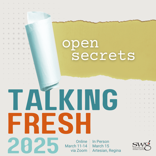 A peeling white paper to reveal "open secrets" on a yellow background. The text "Talking Fresh 2025" in bold blue and orange.