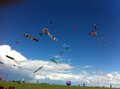 An image of kites against a blue sky