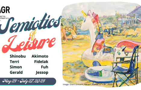 The words "Semitics of Leisure" appear across a colourful painting with an inflatable unicorn beach toy in the foreground and sunbathers in the background.