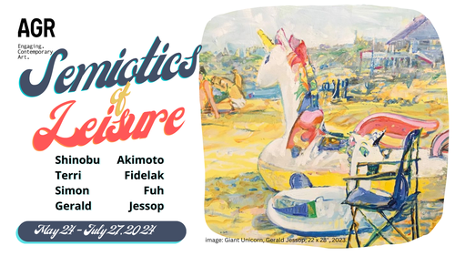 The words "Semitics of Leisure" appear across a colourful painting with an inflatable unicorn beach toy in the foreground and sunbathers in the background.