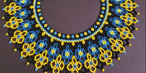 blue, yellow, and black Ukrainian beaded collar necklace (sylyanka)