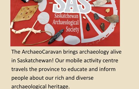 A header image of artifacts commonly found in Saskatchewan archaeological sites, three photos of children taking part in activities such as rock painting, ceramic reconstruction, and pottery making.