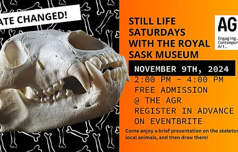 This poster is orange and black. There is a photograph of a black bear skull over top of a black and white pattern of bones.