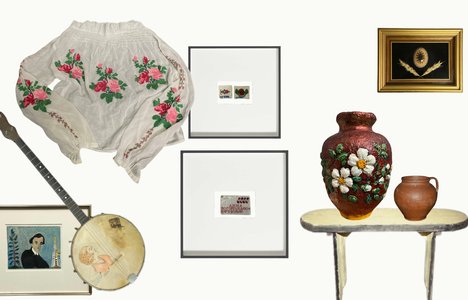 a selection of pieces from the Saskachewanshchyna exhibition including a vyshyvanka, a banjo, a framed pysanka, and framed photographs