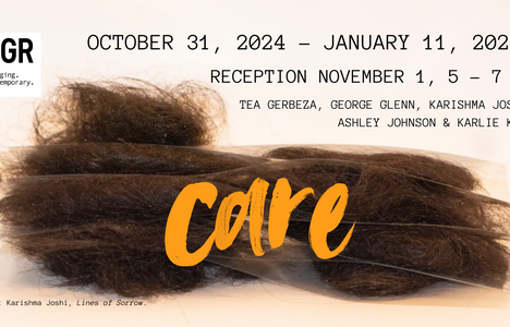 In this exhibition poster, there is a photograph of dark brown human hair made into bundles and kept in small clear envelopes, which are stacked in an uneven pile. It is against a blank white background, the title of the exhibition, "care" is in orange