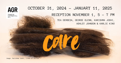 In this exhibition poster, there is a photograph of dark brown human hair made into bundles and kept in small clear envelopes, which are stacked in an uneven pile. It is against a blank white background, the title of the exhibition, "care" is in orange