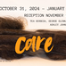 In this exhibition poster, there is a photograph of dark brown human hair made into bundles and kept in small clear envelopes, which are stacked in an uneven pile. It is against a blank white background, the title of the exhibition, "care" is in orange